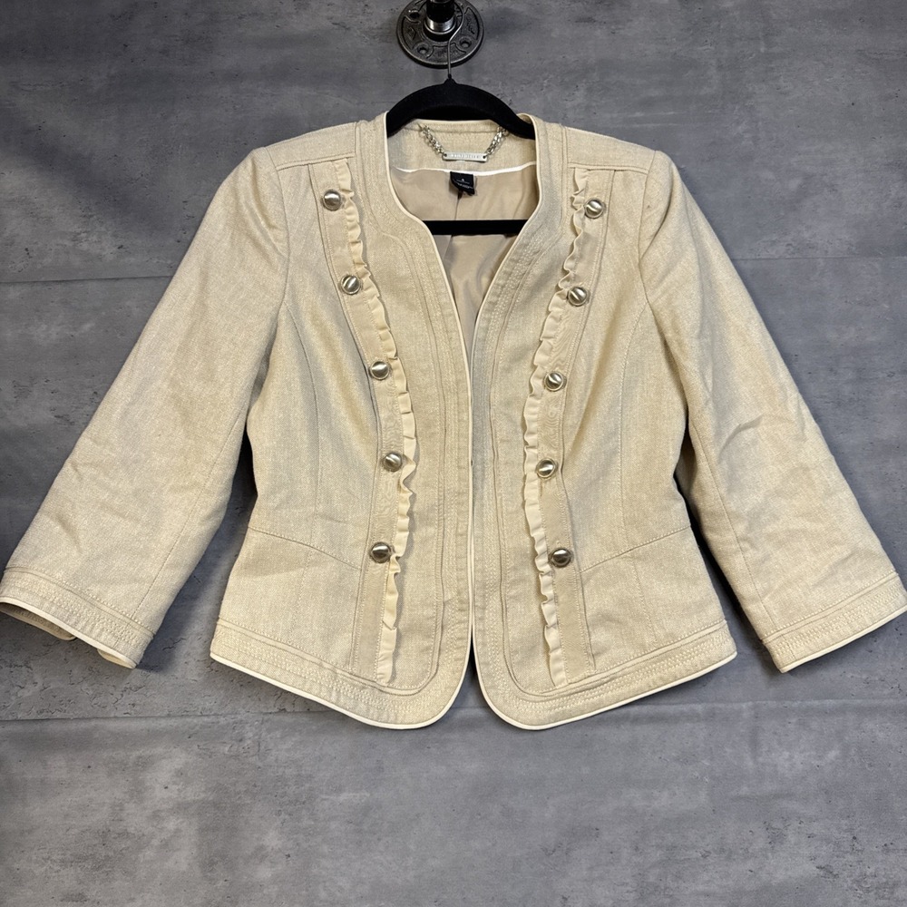 White House Black Market beige linen-blend military-style blazer Gold Buttons 4